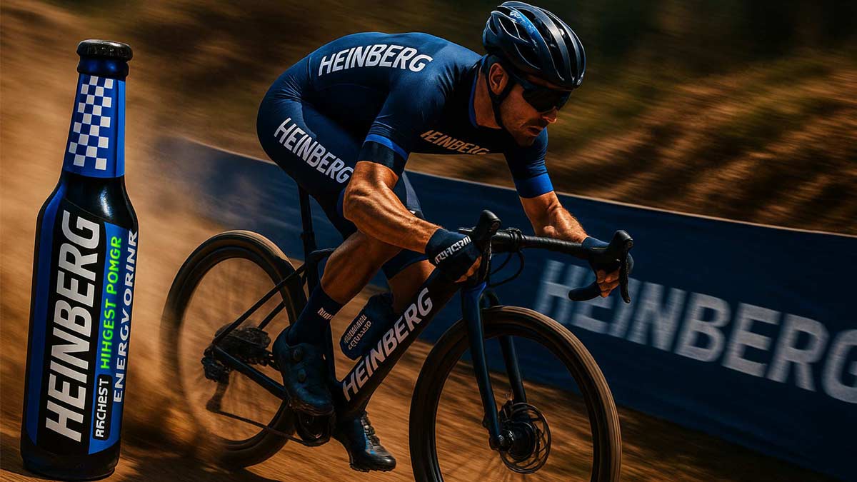 دوچرخه سوار ورزشکار با سرعت بالا رکاب می زند. در یک جاده و پیست مسابقه کوهستانی است که دیواره های پیست با نوشابه و محصولات هاینبرگ تبلیغ شده اند. نوشیدنی انرژی‌زا هاینبرگ نماد سرعت و قدرت. انرژی زا با بدن چه میکند
