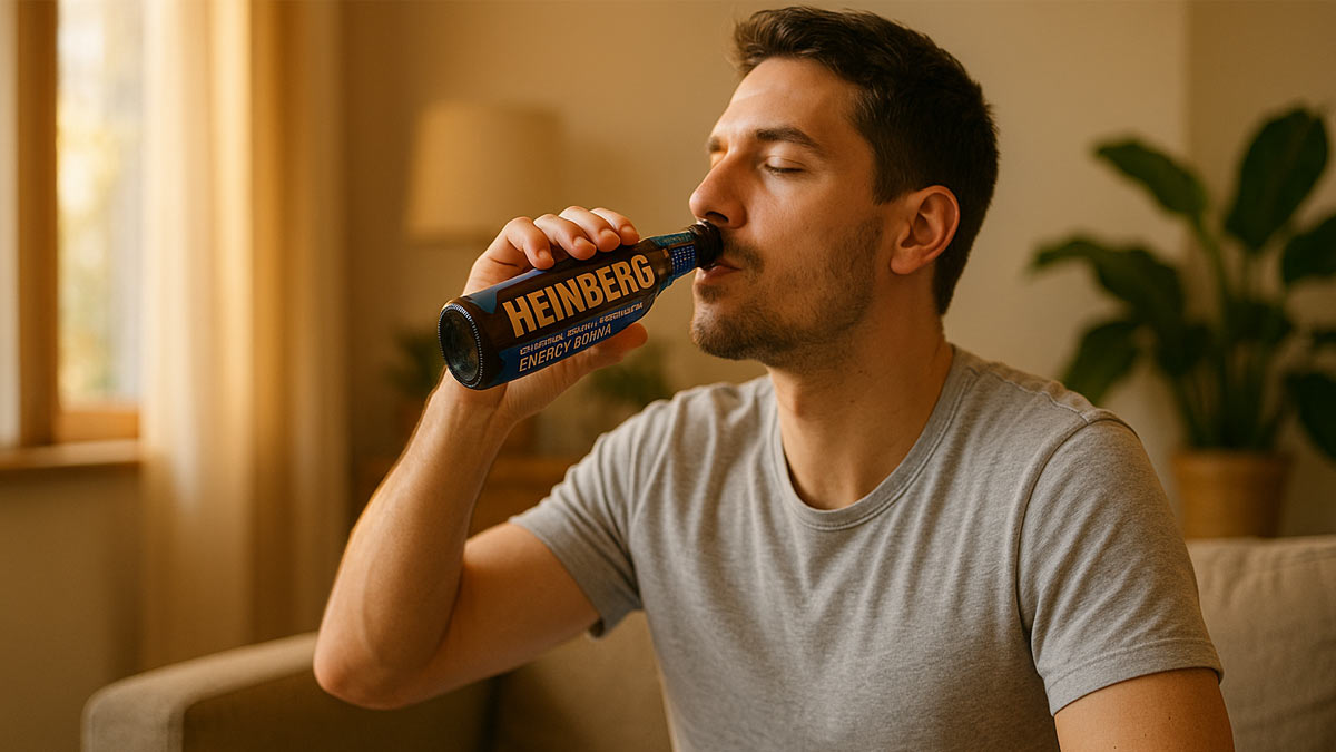 مرد در حال نوشیدن انرژی زا هاینبرگ است. در اتاق روی کاناپه نشسته و نور ملایم به داخل اتاق می تابد.