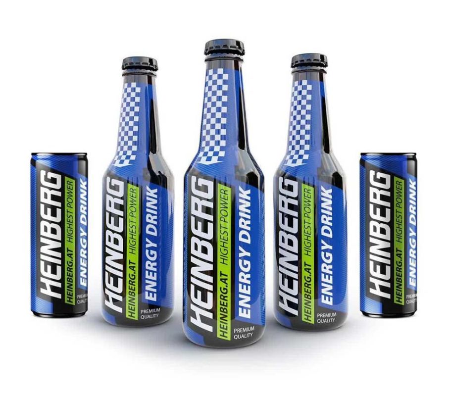 عکس نوشیدنی انرژی زا ایرانی هاینبرگ. سه شیشه نوشیدنی انرژی زا هاینبرگ در وسط و دو قوطی از همان برند در طرفین به صورت ایستاده نمایش داده می شوند.