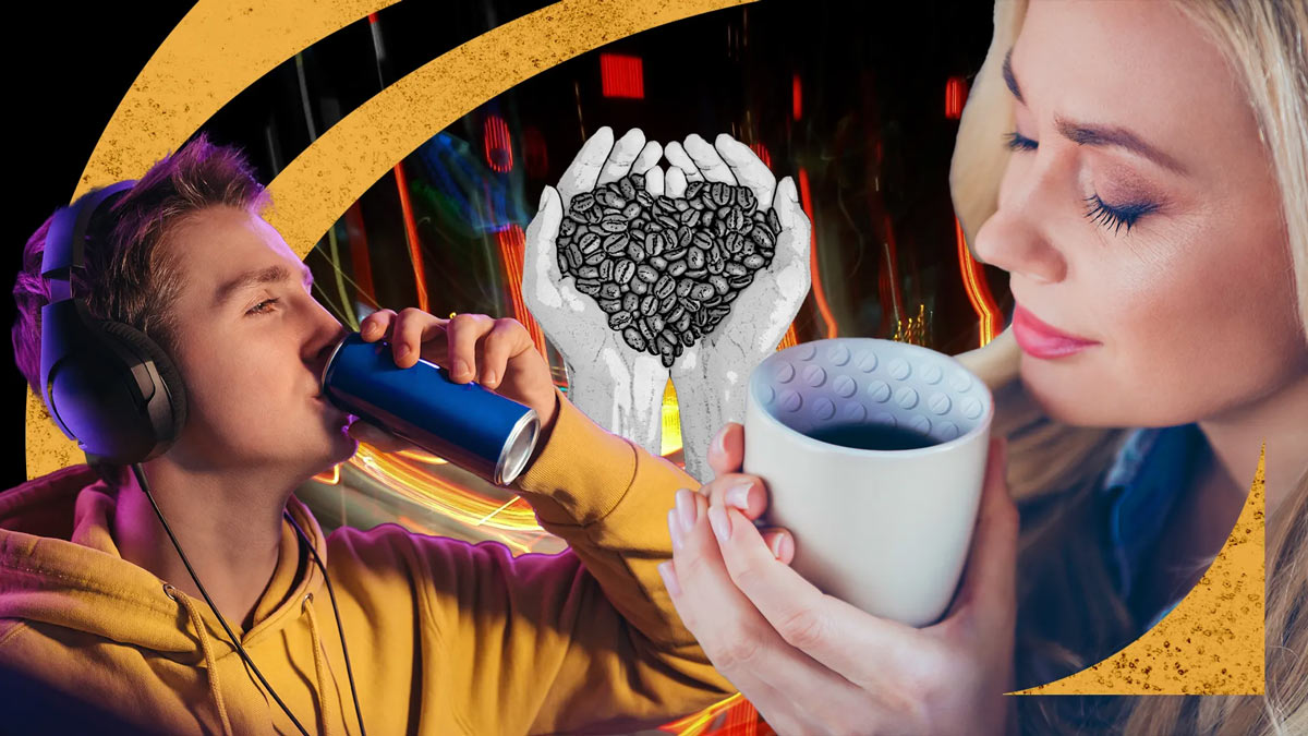 قهوه بخورم یا نوشابه انرژی زا- مرد در حال نوشیدن نوشابه انرژی زا و زن در حال سرو قهوه می باشد