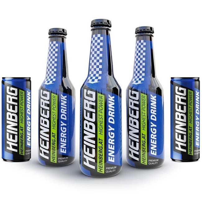 چند شیشه و بطری نوشیدنی انرژی زا هاینبرگ 320 میلی لیتری که جزء بهترین نوشیدنی انرژی زا در ایران محسوب می شوند